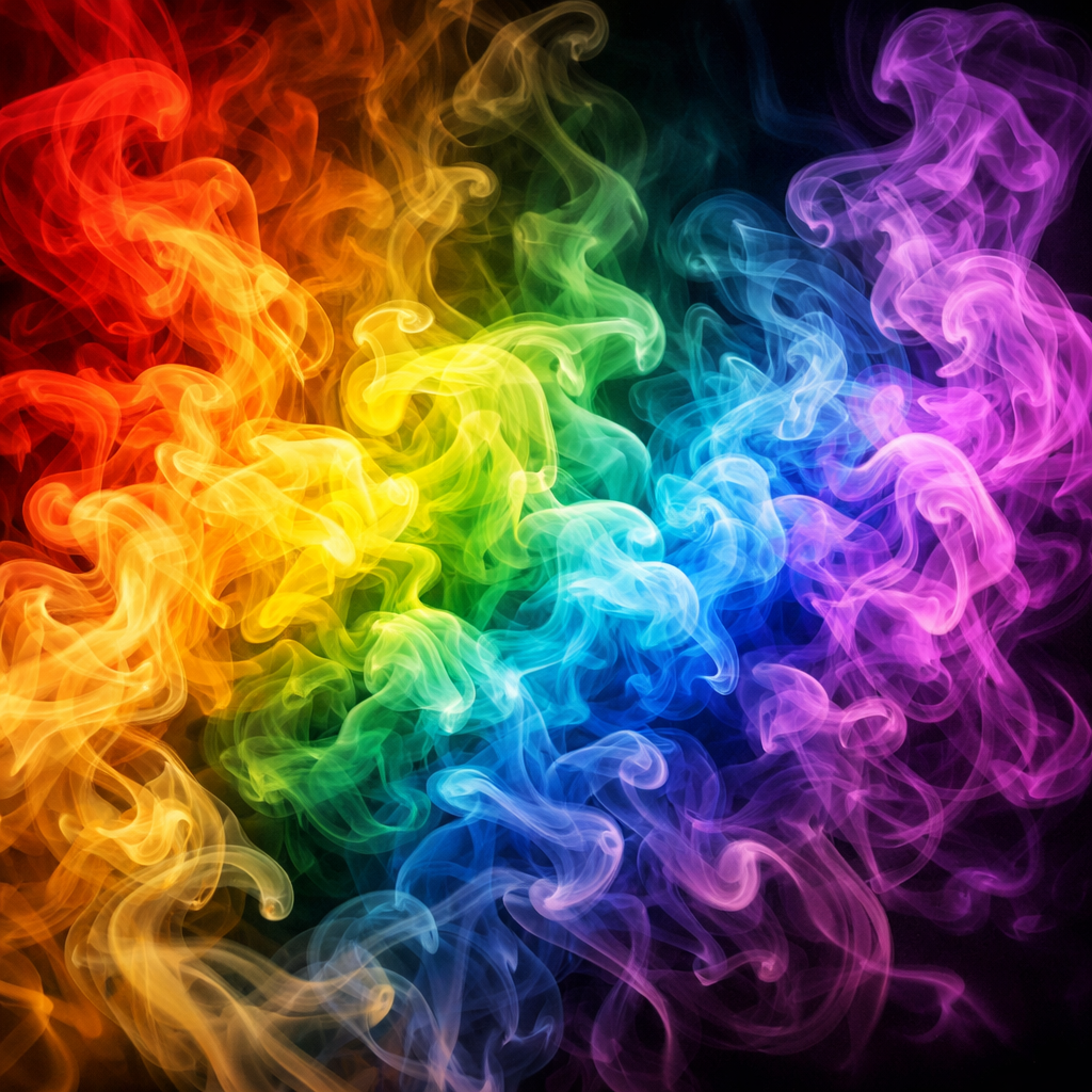 Swirling smoke in rainbow colors from red to violet on black background